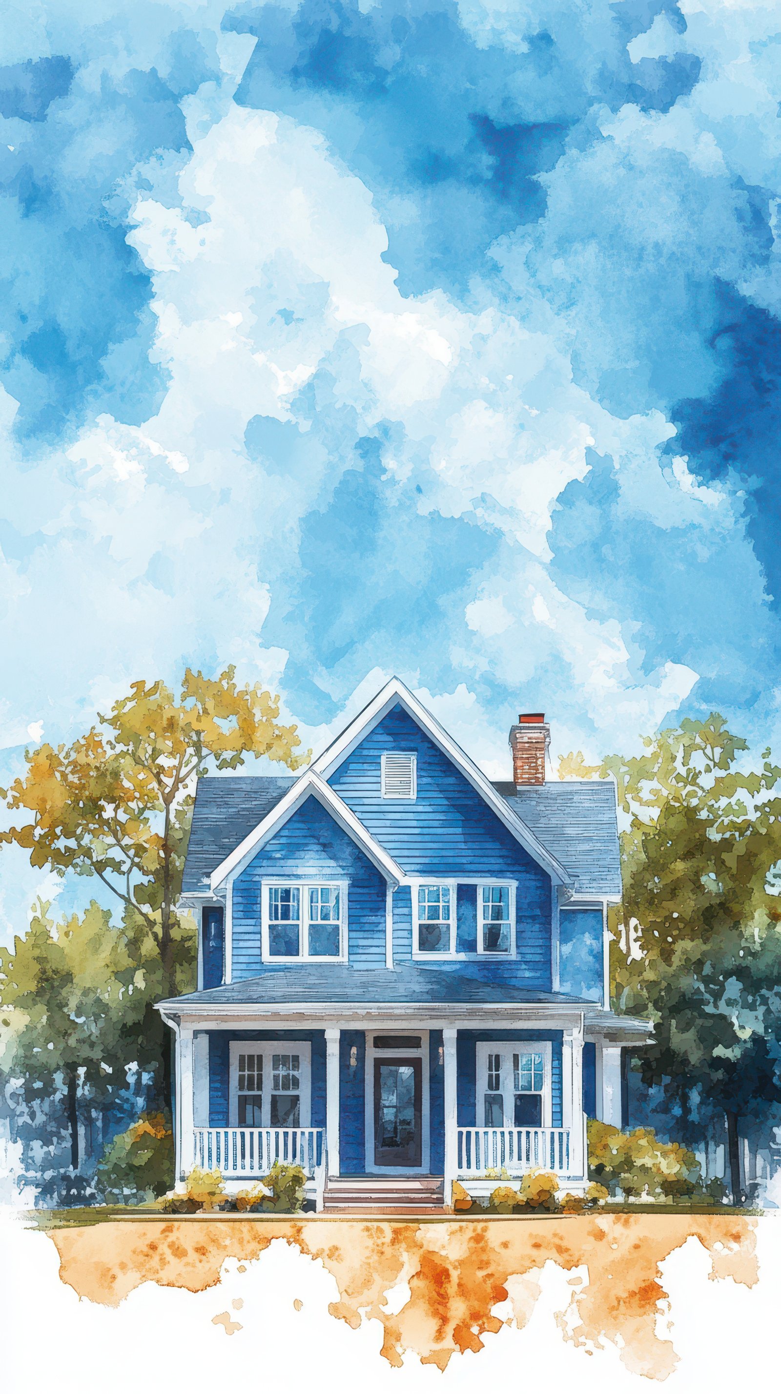 Beautiful blue house surrounded by trees against a vibrant sky in a serene neighborhood setting